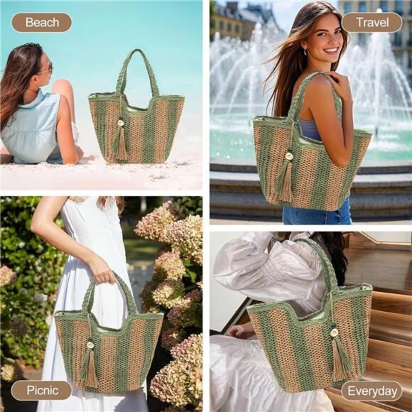 Women Straw Beach Bag Large Khaki Green - Picture 6 of 7